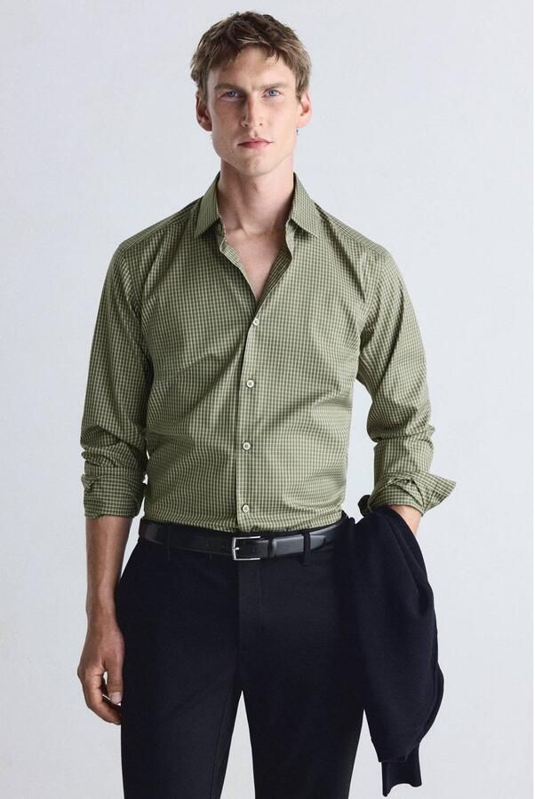 Mango Man slim fit geruit overhemd kaki