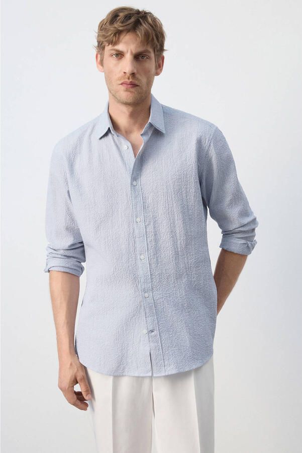 Mango Man slim fit gestreept overhemd middenblauw