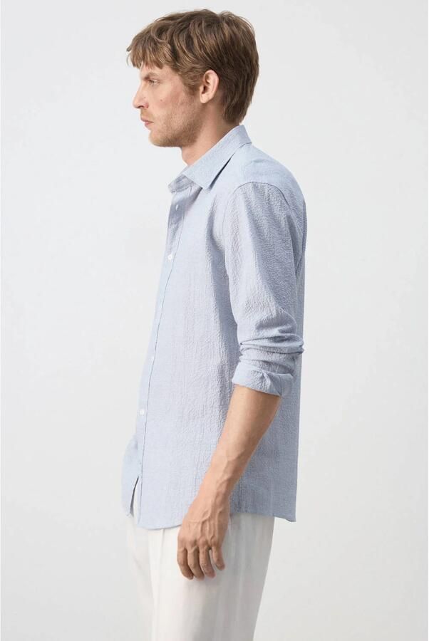 Mango Man slim fit gestreept overhemd middenblauw - Foto 2