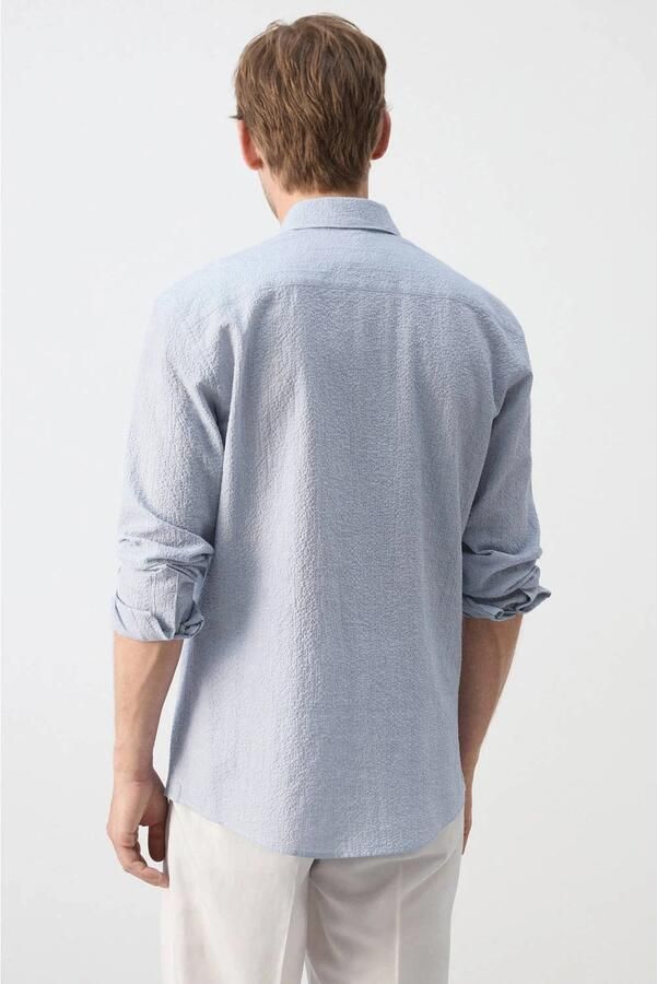 Mango Man slim fit gestreept overhemd middenblauw - Foto 3
