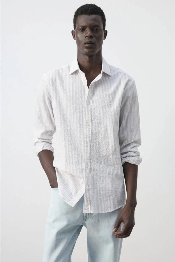 Mango Man slim fit gestreept overhemd pastelroze