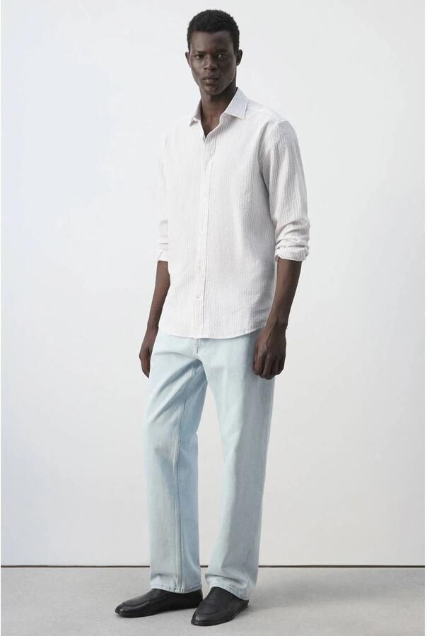 Mango Man slim fit gestreept overhemd pastelroze - Foto 3