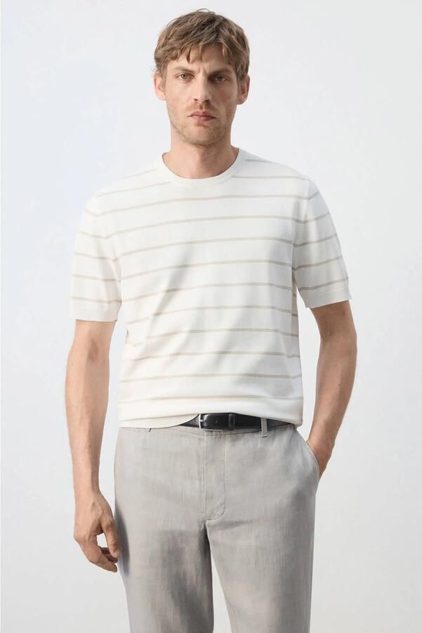 Mango Man slim fit gestreept T-shirt naturel wit