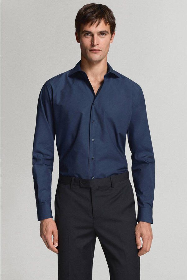 Mango Man slim fit overhemd donkerblauw