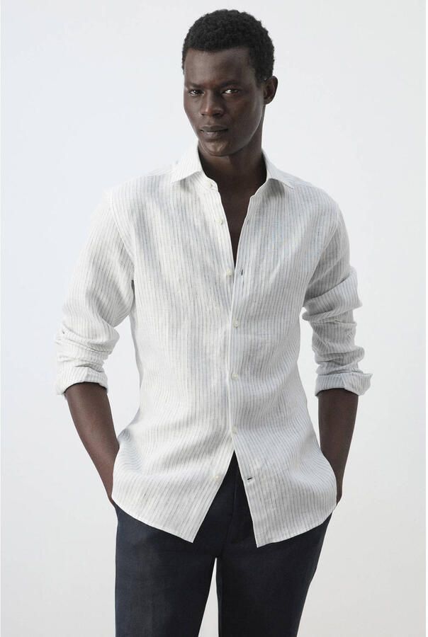 Mango Man slim fit overhemd met krijtstreep en linnen ecru