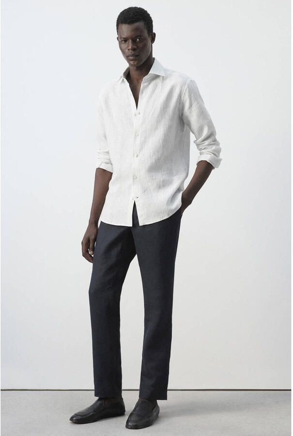 Mango Man slim fit overhemd met krijtstreep en linnen ecru - Foto 3