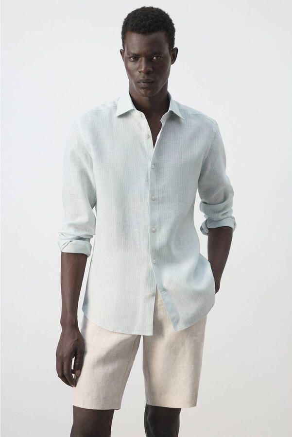 Mango Man slim fit overhemd met krijtstreep en linnen groen