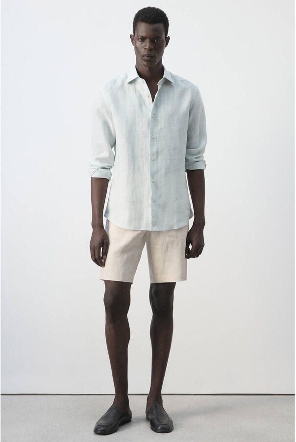 Mango Man slim fit overhemd met krijtstreep en linnen groen - Foto 2