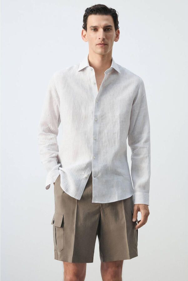 Mango Man slim fit overhemd met krijtstreep en linnen wit