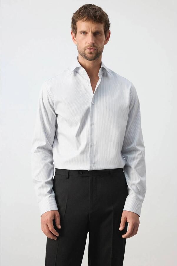 Mango Man slim fit overhemd met krijtstreep grijs