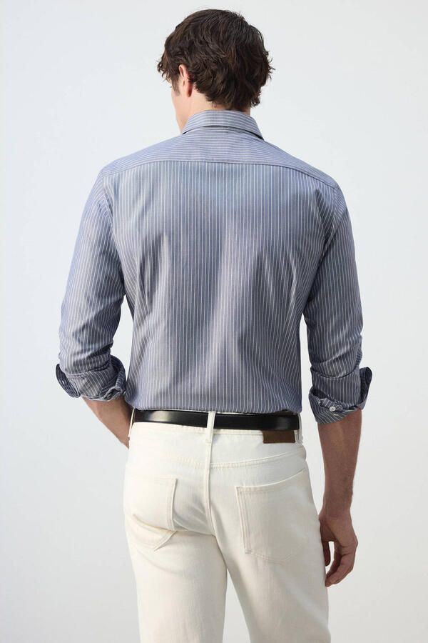 Mango Man slim fit overhemd met krijtstreep lichtblauw - Foto 3