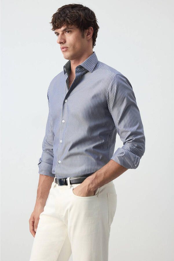 Mango Man slim fit overhemd met krijtstreep lichtblauw - Foto 2