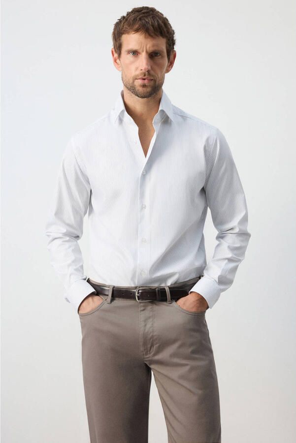 Mango Man slim fit overhemd met krijtstreep wit