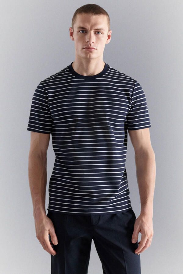 Mango Man slim gestreept T-shirt donkerblauw