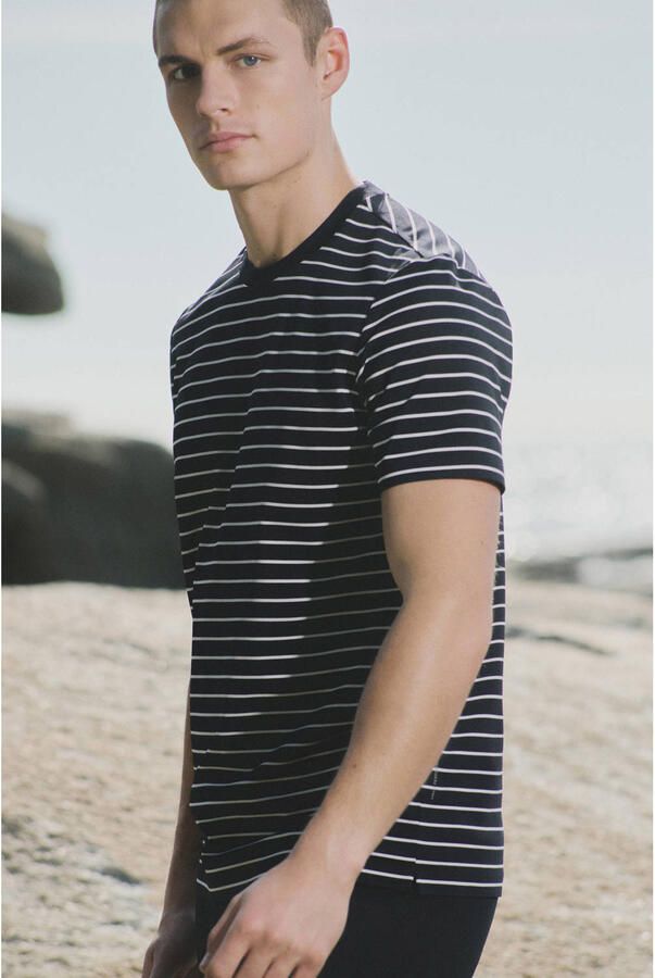 Mango Man slim gestreept T-shirt donkerblauw - Foto 3