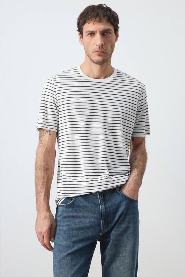 Mango Man slim gestreept T-shirt met linnen ecru