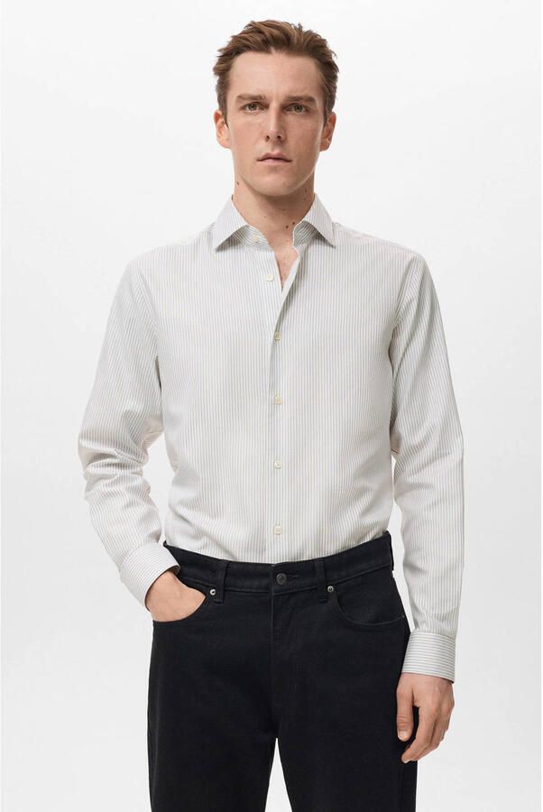 Mango Man Slim gestreepte casual overhemd lichtgrijs