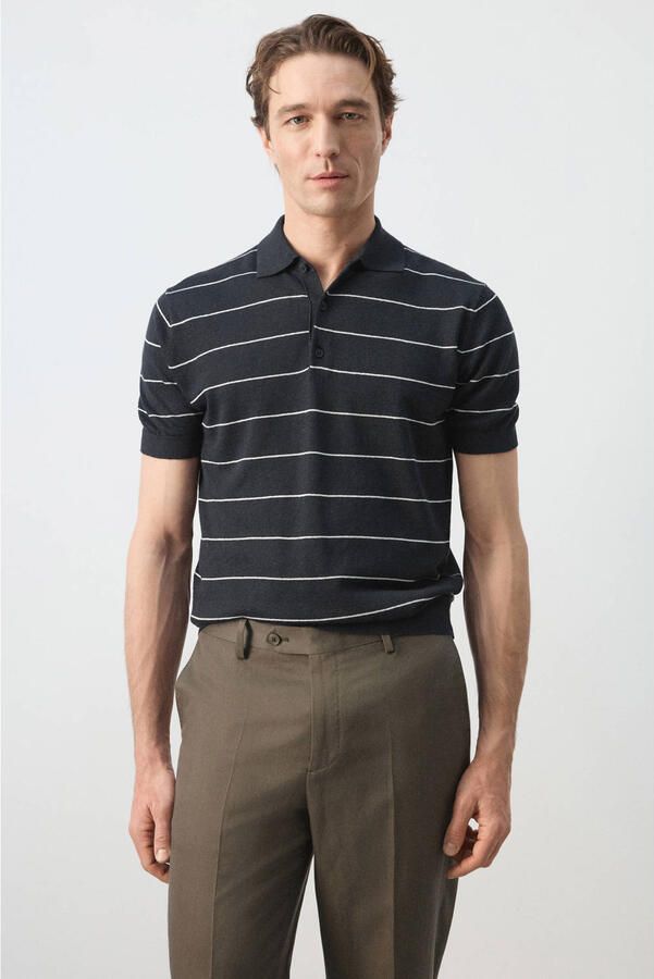Mango Man slim gestreepte polo met linnen donkerblauw