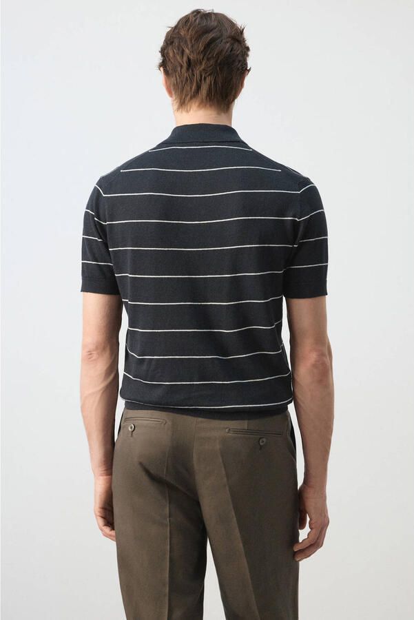 Mango Man slim gestreepte polo met linnen donkerblauw - Foto 3
