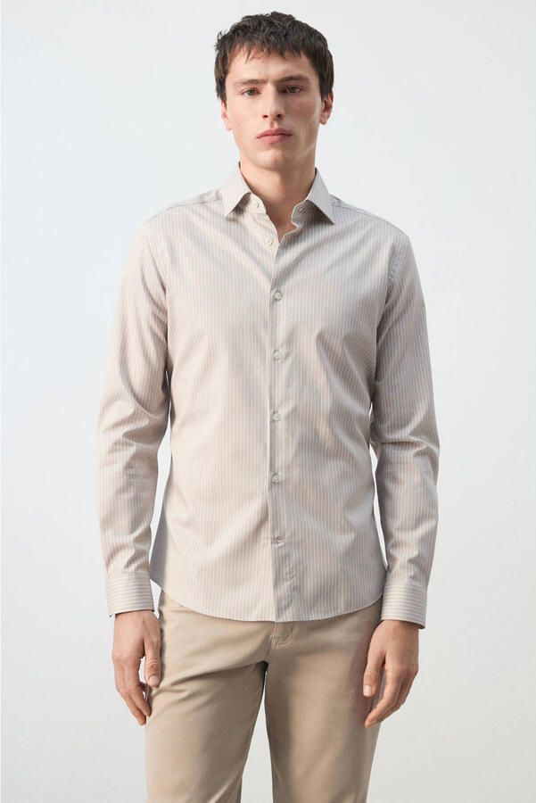 Mango Man slim gestreepte zakelijk overhemd beige