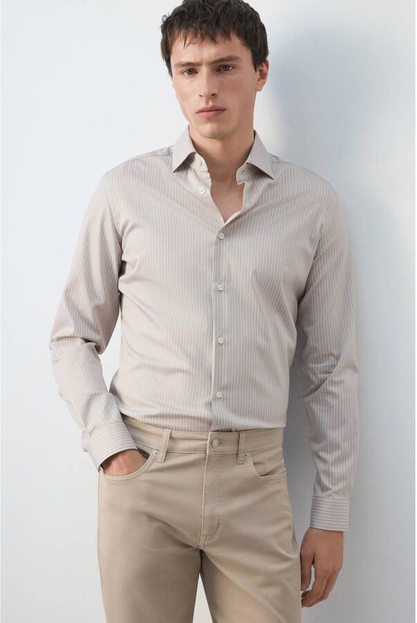 Mango Man slim gestreepte zakelijk overhemd beige - Foto 2