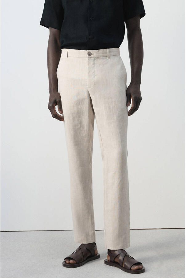 Mango Man slim pantalon met linnen beige