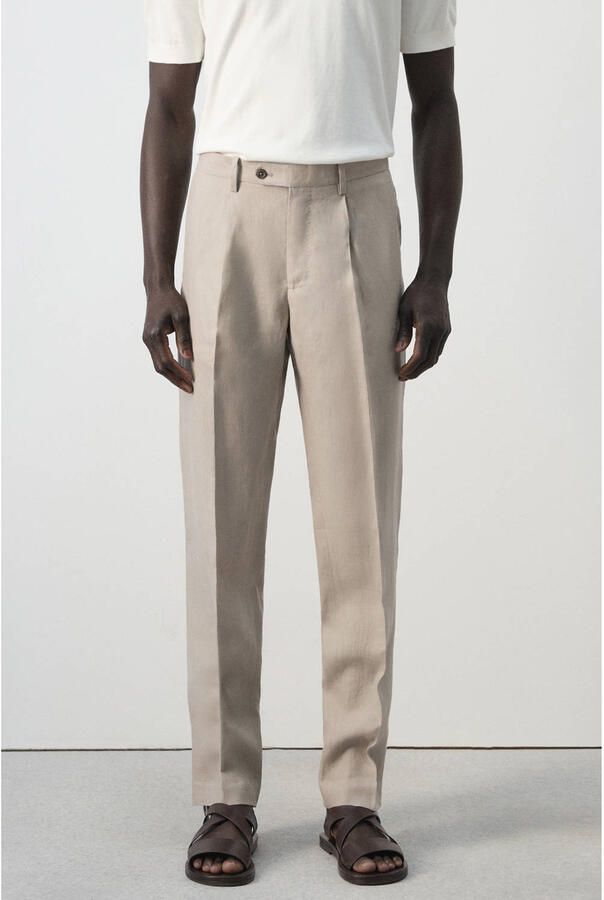 Mango Man slim pantalon met linnen beige