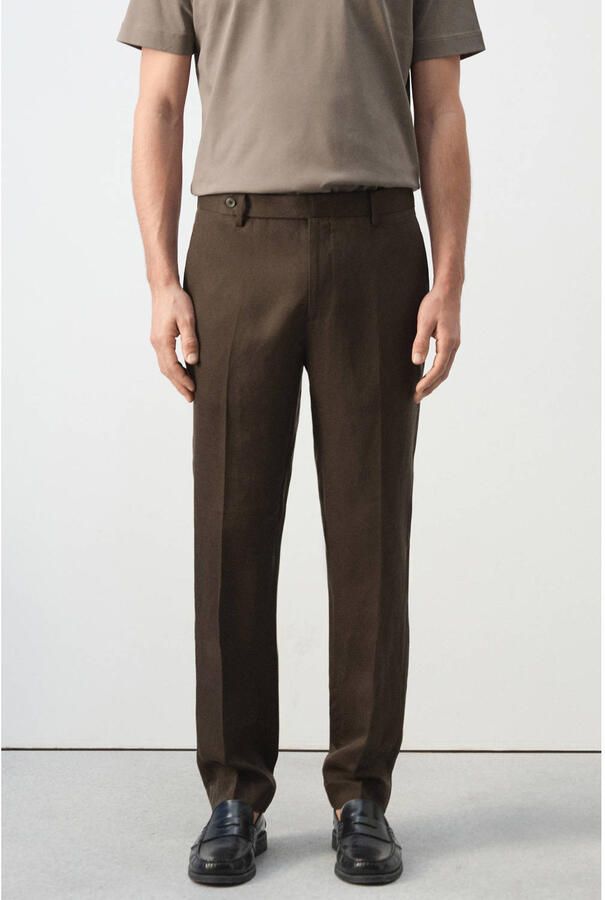 Mango Man slim pantalon met linnen bruin
