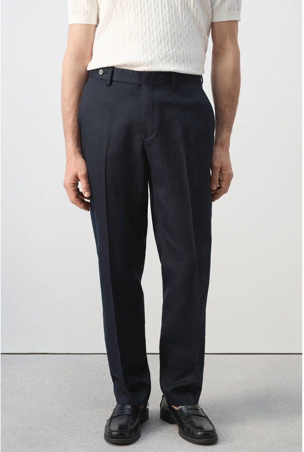 Mango Man slim pantalon met linnen donkerblauw
