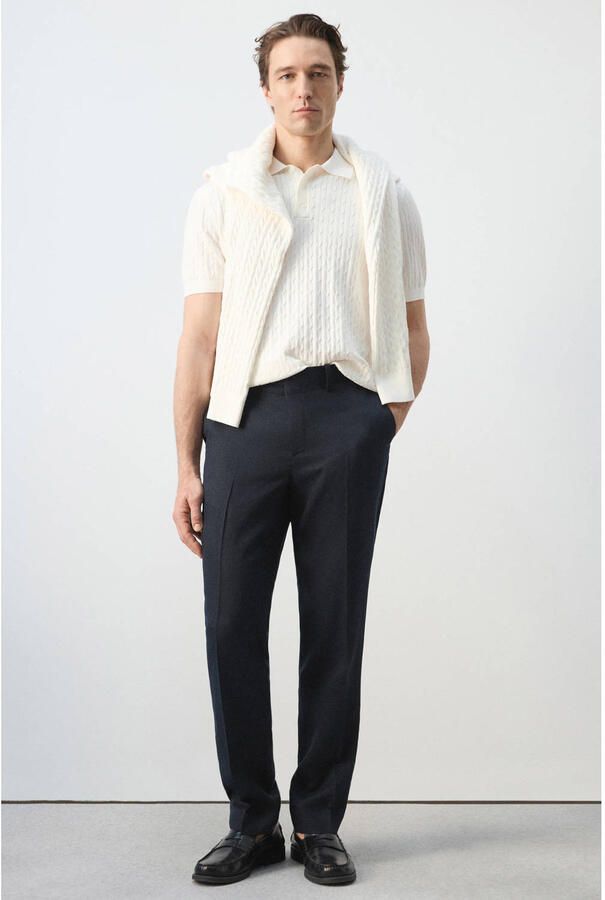 Mango Man slim pantalon met linnen donkerblauw - Foto 2