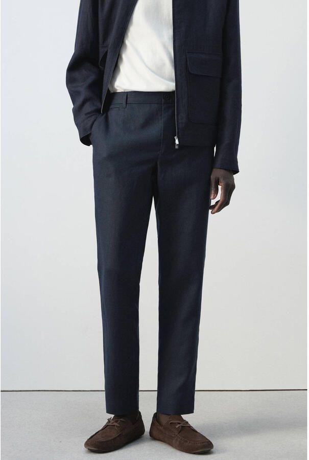 Mango Man slim pantalon met linnen donkerblauw