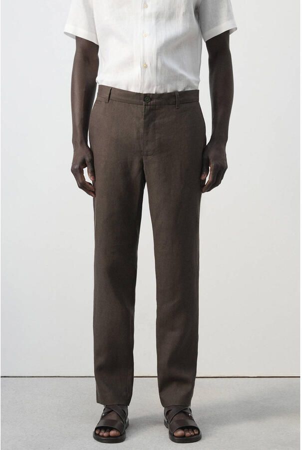 Mango Man slim pantalon met linnen donkerbruin