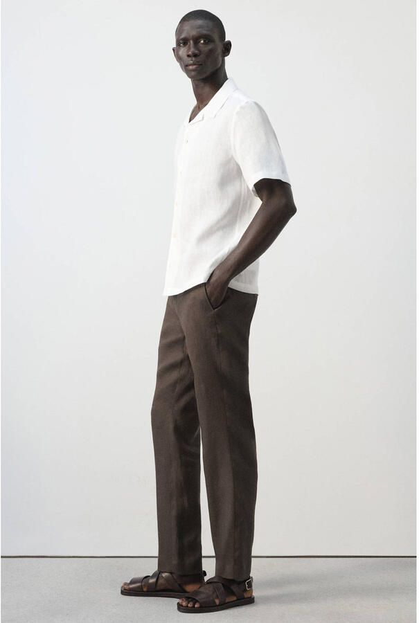 Mango Man slim pantalon met linnen donkerbruin - Foto 3