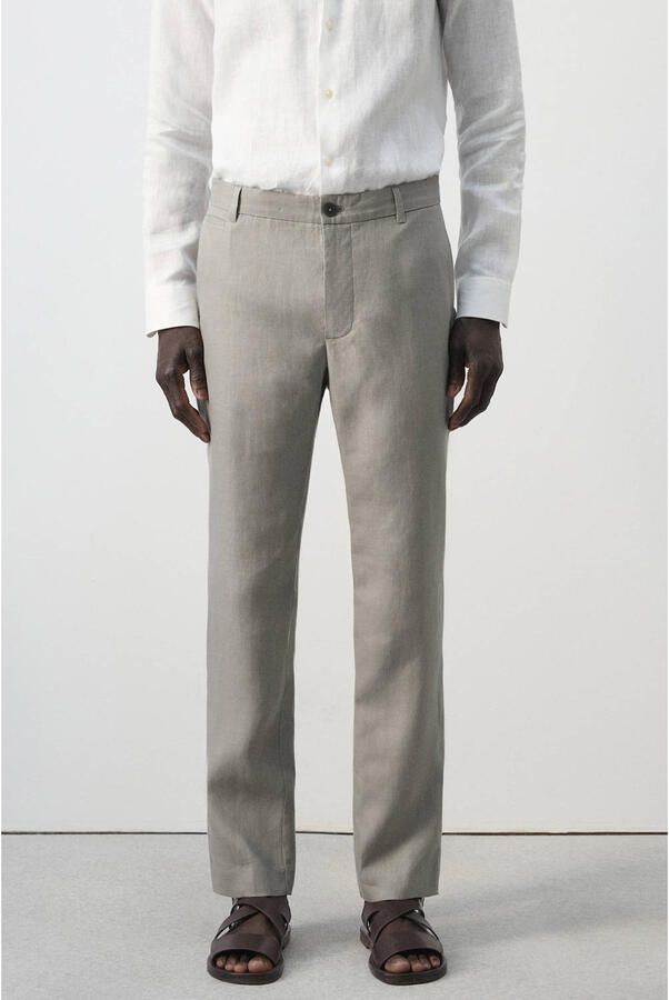 Mango Man slim pantalon met linnen grijs