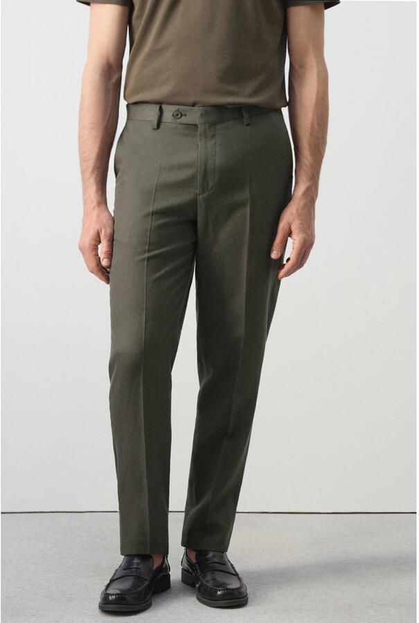 Mango Man slim pantalon met linnen groen