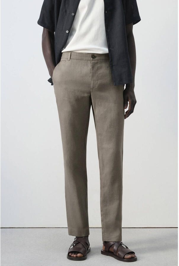 Mango Man slim pantalon met linnen taupe