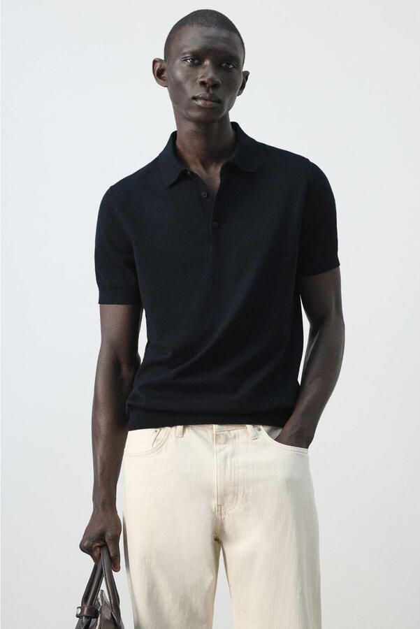 Mango Man slim polo fijn gebreid donkerblauw