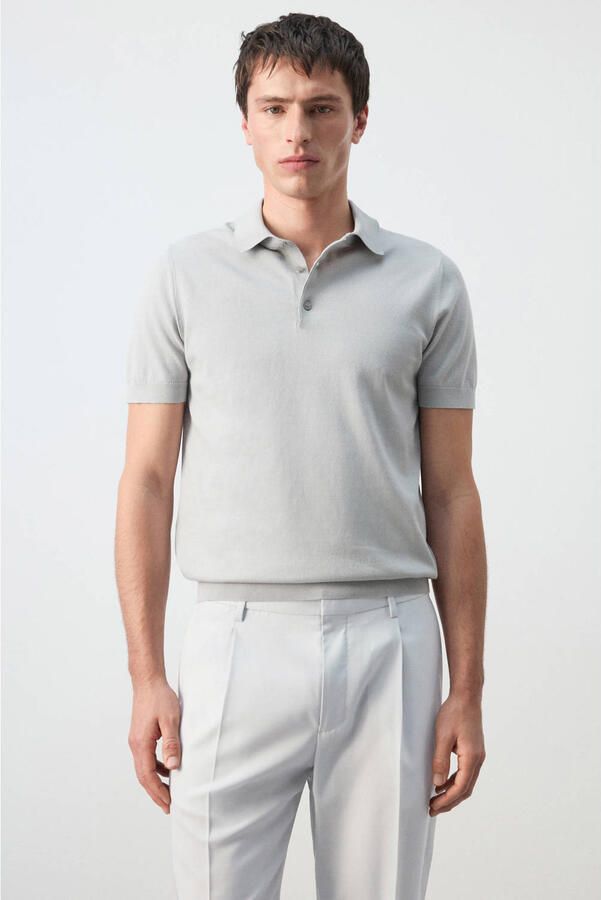Mango Man slim polo fijn gebreid grijs