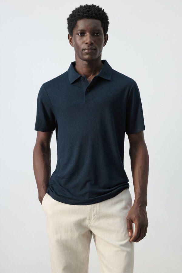 Mango Man slim polo met linnen donkerblauw