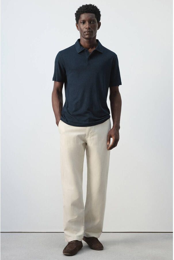 Mango Man slim polo met linnen donkerblauw - Foto 2