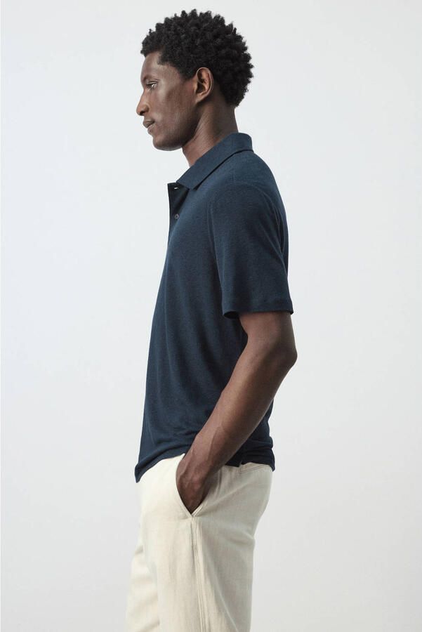 Mango Man slim polo met linnen donkerblauw - Foto 3