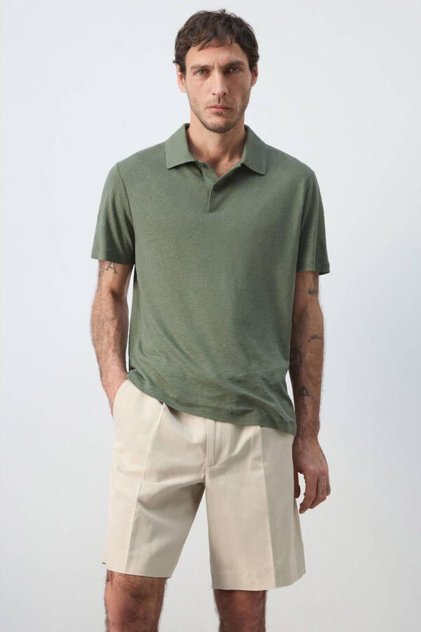 Mango Man slim polo met linnen groen