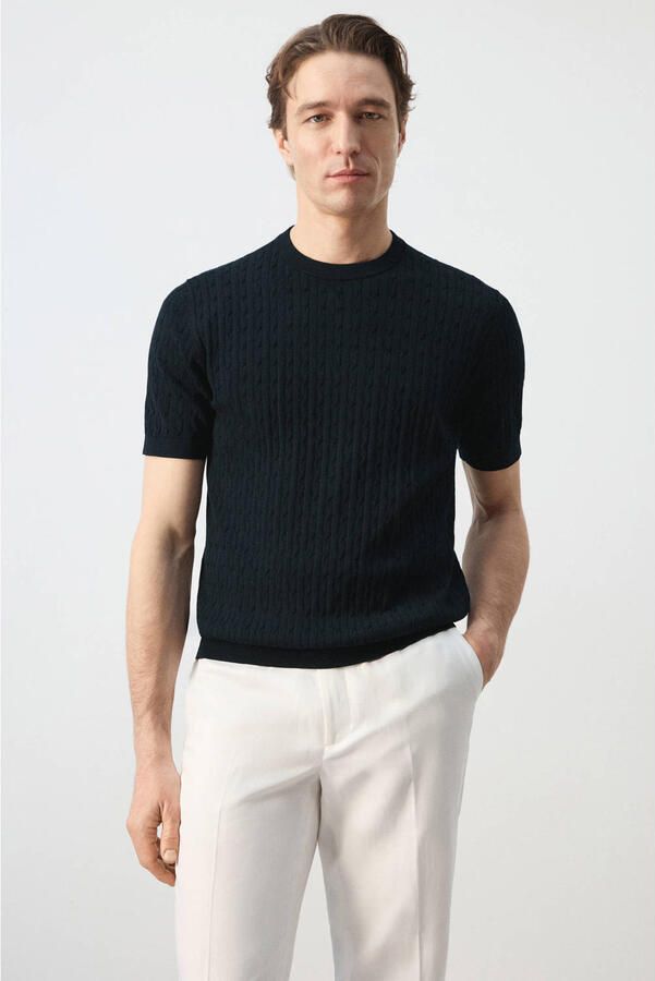 Mango Man slim T-shirt gebreid donkerblauw