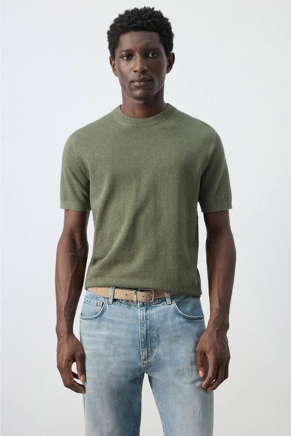 Mango Man slim T-shirt groen rib gebreid