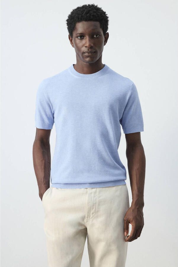 Mango Man slim T-shirt lichtblauw rib gebreid