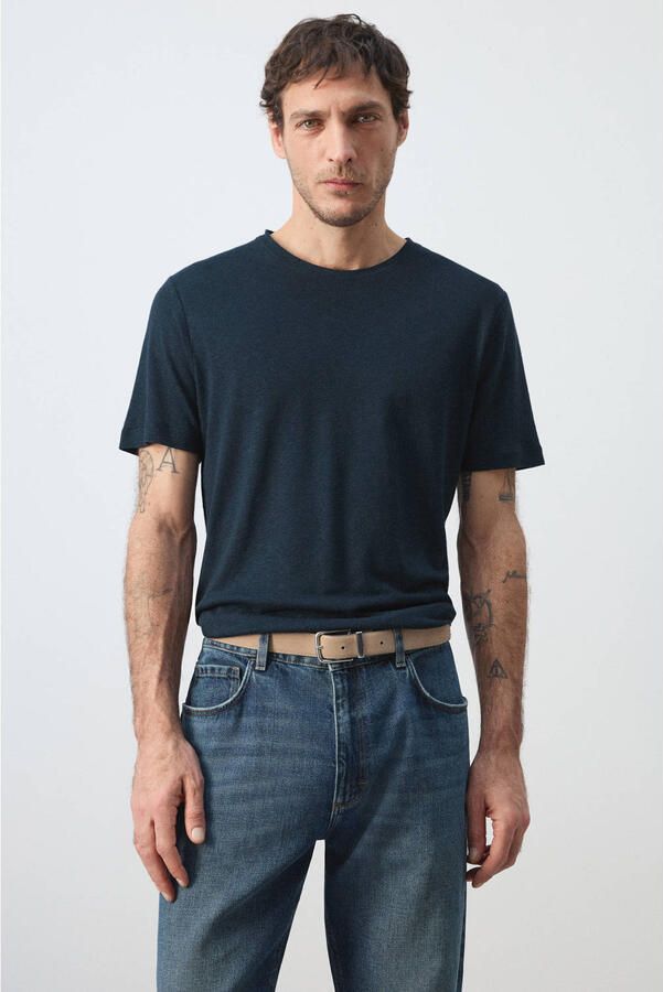 Mango Man slim T-shirt met linnen donkerblauw