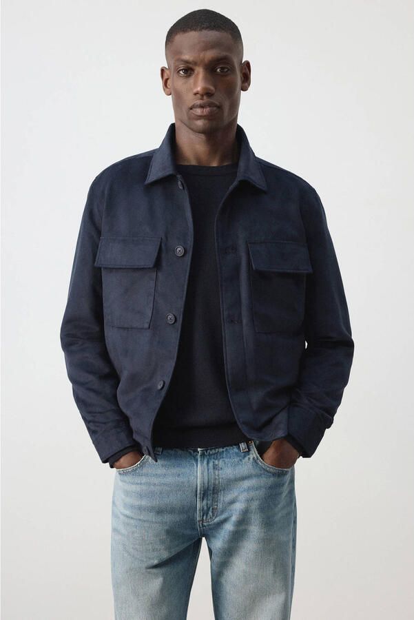 Mango Man suèdelook regular fit overshirt donkerblauw