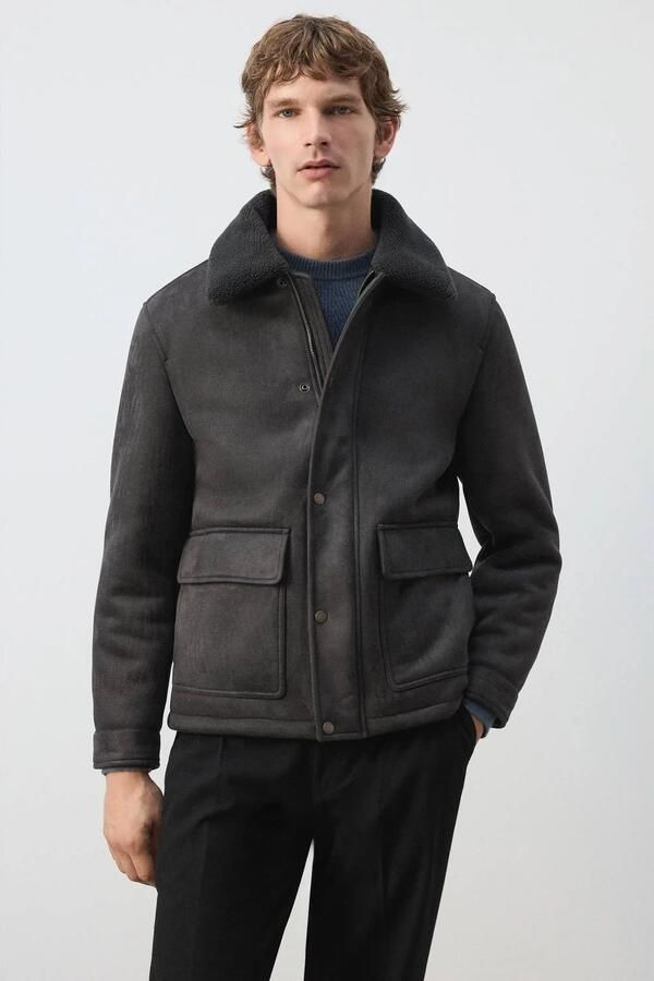 Mango Man suèdelook winterjas met teddy details donkergroen