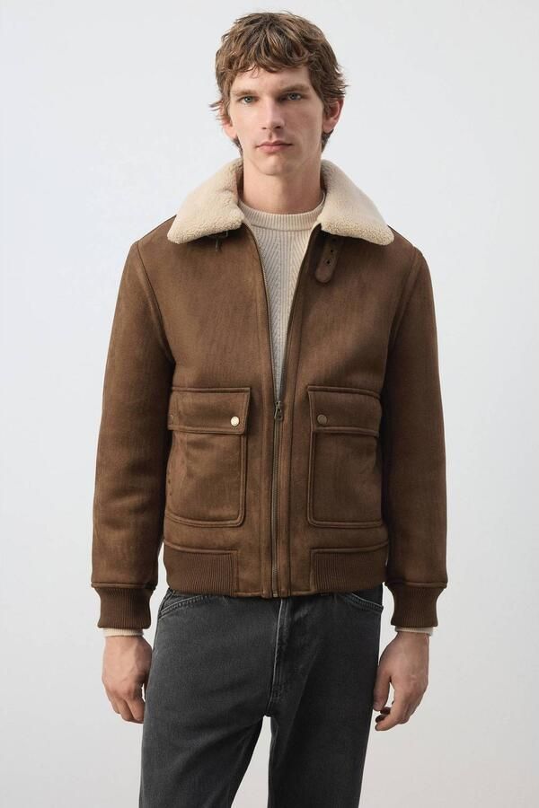 Mango Man suèdelook winterjas met teddy details middenbruin