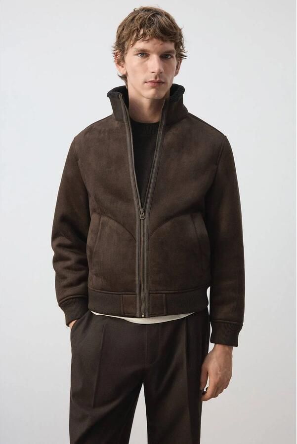 Mango Man suèdelook winterjas met teddy details middenbruin